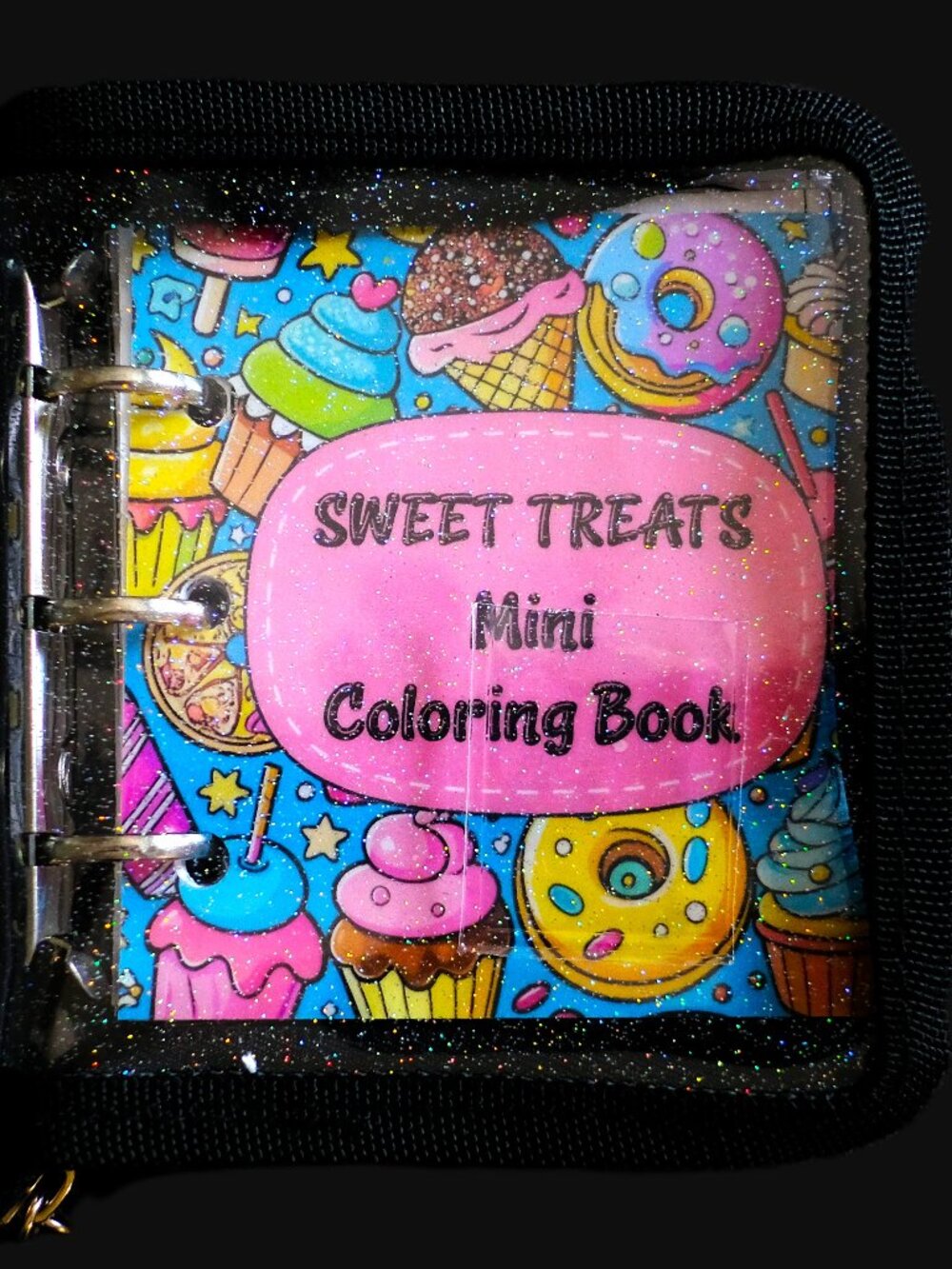 Mini Coloring Book & Pencil Set, Sweet Treats, Handmade, 3 ring binder, zipper
